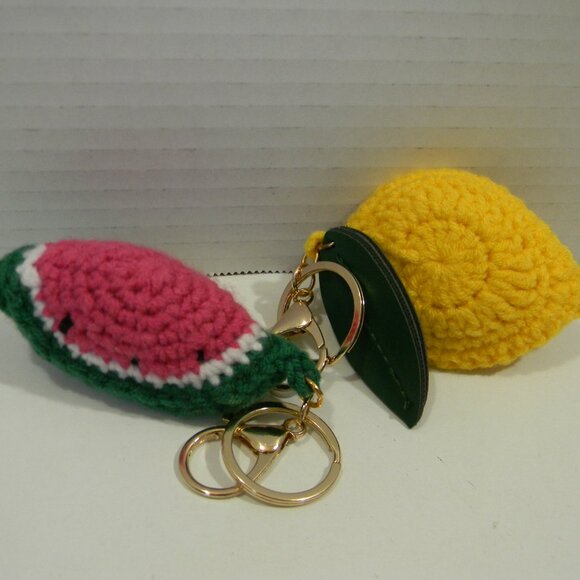Handbag Purse Charms Keyrings Fruit Crochet Lemon Watermelon Set of 2 - Picture 2 of 3